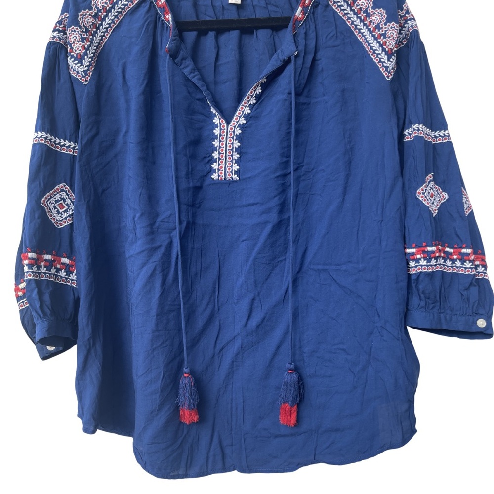 LOFT Navy Blouse with Red and White Embroidery